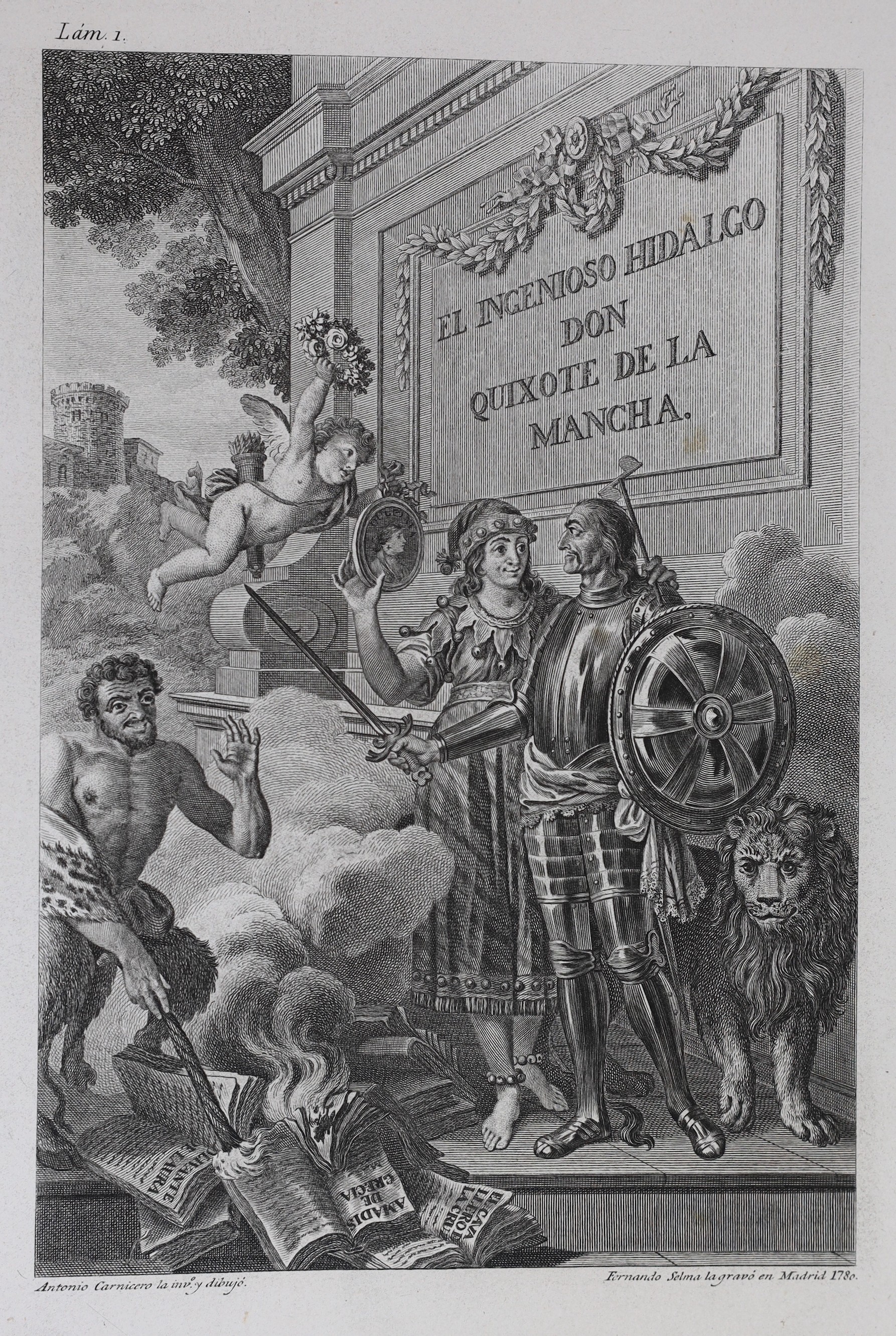 Cervantes Saavedra, Miguel de - Don Quixote de La Mancha, 3 vols, 4to, red morocco gilt, extremities rubbed, watered silk covered end-papers, 41 engraved copper plates from the 1780 edition. En La Imprenta Nacional, Madr